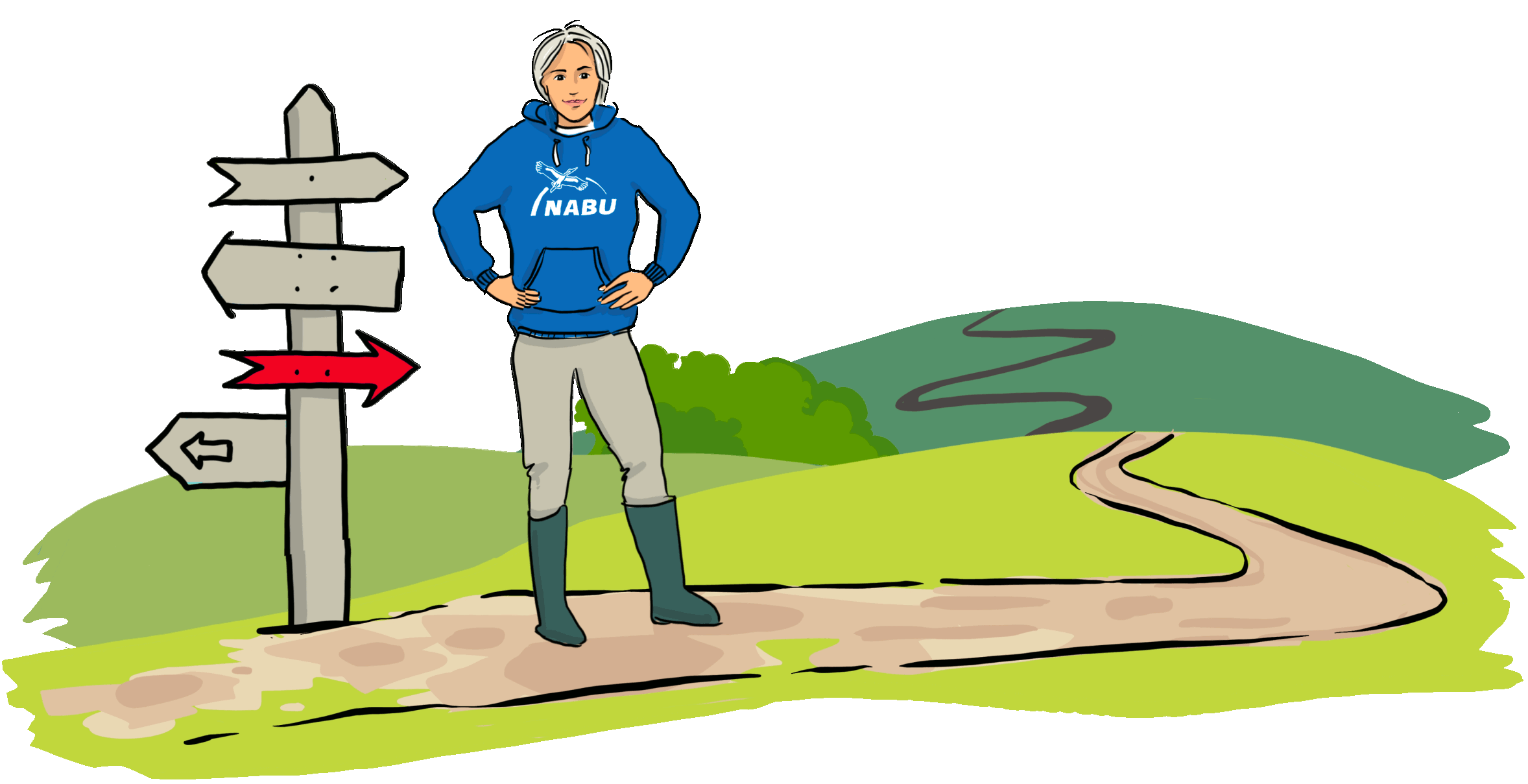 Eine Frau mit NABU-Shirt steht auf einem Weg an einem Wegweiser.